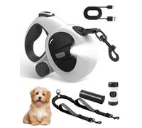 6M Retractable Dog Lead, 2-in-1 Extendable Dog Lead with Heavy Duty Elastic Leash, Double Dog Lead for 2 dogs up to 50kg, 3 Modes LED Light, Poop Bag Dispenser, One-Hand Lock, for Medium/Large Dogs