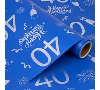 6M x 43cm Birthday Wrapping Paper Roll, 40th Blue Wrapping Paper for Birthday Gift Decorations
