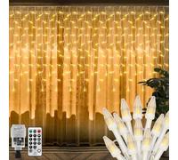 6M x1M Outdoor Curtain Lights Indoor Eaves Icicle Lights Plug in,Diamond Shape 300LED Hanging Backdrop Curtain Light,Waterfall Window Light,Waterproof,Connectable,Remote for (Warm White)
