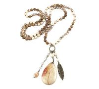 6mm Multi Glass Stone Knotted Necklace, Bohemian Drop Pendant for Women, Handmade Layered Gift(Beige)