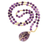 6Mm Natural Stone Beads Necklace Life Tree Wire Wrapped Teardrop Gemstone Pendant Necklace Boho Handmade Healing Crystal Jewelry Gift For Women Men Amethyst