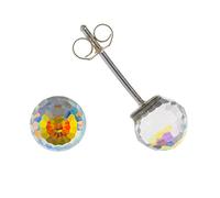 6MM Sparkly Clear Rainbow AURORA AB Diamond Cut Round Austrian Crystal Ball Stud Earrings/Ear Studs for Women/Teenage/Girls - 925 Sterling Silver