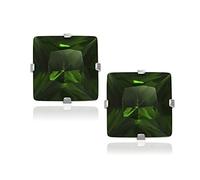 6MM Square Princess Cut CZ Birthstone Stud Earrings/Ear Studs for Women - 925 Sterling Silver - Emerald Green