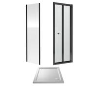 6mm Toughened Safety Glass Bi-Fold Shower Door, Side Panel and Shower Tray - 800 x 800 x 1900mm - Matt Black Frame - White Tray