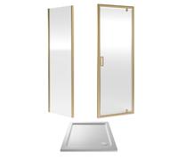 6mm Toughened Safety Glass Pivot Shower Door, Side Panel and Shower Tray - 760 x 760 x 1900mm - Brushed Brass Frame - White Tray