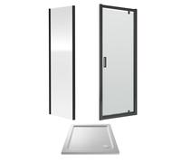 6mm Toughened Safety Glass Pivot Shower Door, Side Panel and Shower Tray - 760 x 760 x 1900mm - Matt Black Frame - White Tray