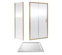 Balterley Ruwa 6mm Toughened Safety Glass Sliding Shower Door, Side Panel And Shower Tray - 1000 X 800 X 1900mm - Brushed Brass/white