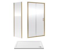 6mm Toughened Safety Glass Sliding Shower Door, Side Panel and Shower Tray - 1200 x 700 x 1900mm - Brushed Brass Frame - White Tray