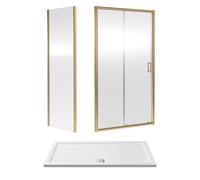 6mm Toughened Safety Glass Sliding Shower Door, Side Panel and Shower Tray - 1400 x 700 x 1900mm - Brushed Brass Frame - White Tray