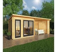 6mx3m Mercia Studio Pent Log Cabin With Outdoor Area - 44mm Logs - UPVC Windows and Door - Grey