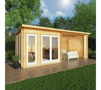 6mx3m Mercia Studio Pent Log Cabin With Outdoor Area - 44mm Logs - UPVC Windows and Door - White