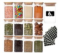 6oz Glass Spice Jars with Bamboo Lid and Label, 12 Pack Square Glass Container, Small Food Storage Containers for Kitchen, Clear Empty Seasoning Jar for Sugar, Salt, Coffee Bean, Herb, Borosilicate