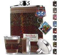 6oz Harris Tweed Hip Flask Winter Gift Set - Shot Glasses, Pour Funnel, Keyring - Stainless Steel Tartan Liquor flasks for Men - Leak Proof lid (Rust Check)