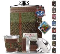 6oz Harris Tweed Hip Flask Winter Gift Set - Shot Glasses, Pour Funnel, Keyring - Stainless Steel Tartan Liquor flasks for Men - Leak Proof lid (Macleod Tartan)