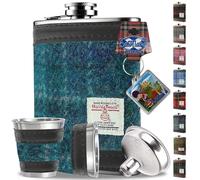 6oz Harris Tweed Hip Flask Winter Gift Set - Shot Glasses, Pour Funnel, Keyring - Stainless Steel Tartan Liquor flasks for Men - Leak Proof lid (Blue with Turquoise Overcheck)