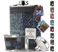 6oz Harris Tweed Hip Flask Winter Gift Set - Shot Glasses, Pour Funnel, Keyring - Stainless Steel Tartan Liquor flasks for Men - Leak Proof lid (Grey Black Tartan)