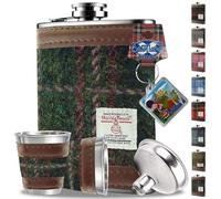 6oz Harris Tweed Hip Flask Winter Gift Set - Shot Glasses, Pour Funnel, Keyring - Stainless Steel Tartan Liquor flasks for Men - Leak Proof lid (Dark Green & Plum Check)