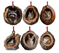 6packs Animal Ornaments For Christmas Tree - 2D Cute Acrylic Animal Baubles Christmas Tree Decorations- Raccoon, Owl, Squirrel, Hedgehog, Bunny, Bird Wildlife Decorations