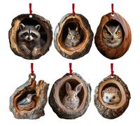 6packs Animal Ornaments for Christmas Tree - 2D Cute Acrylic Pendants - Raccoon, Owl, Squirrel, Hedgehog, Bunny, Bird Wildlife Decorations