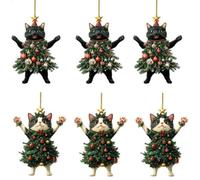 6Packs Cat Ornaments - Funny Cat Ornament For Christmas Tree, Unique Cute Kitten Wearing Christmas Tree Decorations, 2D Acrylic Animal Cat Christmas Tree Ornament Car Ornament