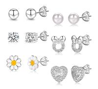 6Pairs 925 Sterling Silver Earrings for Girls Women Hypoallergenic Earrings Tiny Heart Stud Earrings CZ Ball Butterfly Daisy Stud Sets for Teen Kids Toddler Pink Silver