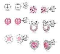 6Pairs 925 Sterling Silver Earrings for Girls Women Hypoallergenic Earrings Tiny Heart Stud Earrings CZ Ball Butterfly Daisy Stud Sets for Teen Kids Toddler Pink Silver