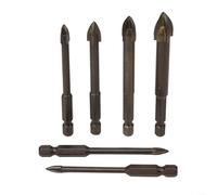 6pc Cross Head Drill Bit Set for Glass and Tile Drilling with Full Grinding Anti-Rust Treatment Compatible with Standard 1/4 Inch Hex Chuck