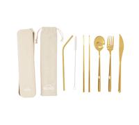 6Pc Cutlery Set with Wheat Straw Box, Gold Stainless Steel Cutlery Set, Reusable Contemporary Cutlery Set