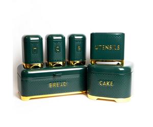 6Pc Gift-Boxed Hunter Green Kitchen Set With Tea, Coffee & Sugar Canisters, Utensil Store, Cake Tin And Bread Bin - Lovello