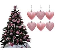 6pc Large Glitter & Matte Heart Baubles - Great Christmas Tree Decorations, Heart Baubles (Blush)
