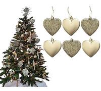 6pc Large Glitter & Matte Heart Baubles - Great Christmas Tree Decorations, Heart Baubles (Champagne Gold)