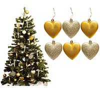 6pc Large Glitter & Matte Heart Baubles - Great Christmas Tree Decorations, Heart Baubles (Gold)