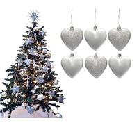 6pc Large Glitter & Matte Heart Baubles - Great Christmas Tree Decorations, Heart Baubles (Silver)