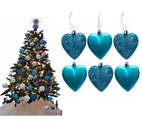 6pc Large Glitter & Matte Heart Baubles - Great Christmas Tree Decorations, Heart Baubles (Turquoise)