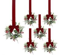 6PC Mini Christmas Wreath,Mini Cabinet Wreath for Kitchen,Small Christmas Norfolk Pine Wreaths with Red Berry&Bow,Xmas Kitchen Cabinet Wreaths,Artificial Hanging Garlands for Holiday Xmas Party Decor