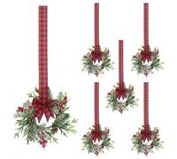 6PC Mini Christmas Wreath,Small Artificial Pine Cabinet Rings with Red Bow and Berries,Cabinet Wreaths for Kitchen,Mini Holiday Door and Window Decor,Small Hanging Wreath for Holiday Xmas Party Decor