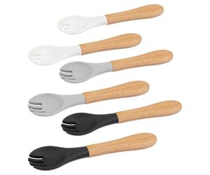 6pc Monochrome Bamboo Baby Weaning Forks with Silicone Tip Set - Small Toddler Kids First Self Feeding Food Cutlery Utensils - by Tiny Dining