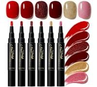 6PC Nail Polish Pen, Brown Red Gold Glitter Nail Varnish Pen, No Need Cure | One Step Nails Varnish Pens for Real Nails, Red Gold Shimmer Gel Pens No Need Base Coat Nail Art Pens for Women DIY Nail Art