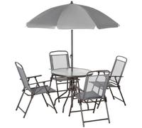 6Pc Patio Dining Set with Umbrella, 4 Folding Chairs Glass Table