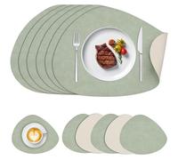 6pc Placemats and Coasters Set of 6 Table Mats Cloth Faux Leather 16.14" x 12.99" Heat-Resistant 212°F Non-Slip Dual-Sided Washable Dining Place Mats for Indoor Outdoor Party (Green, Waterdrop)