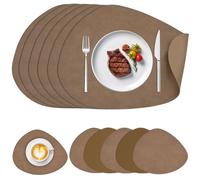 6pc Placemats and Coasters Set of 6 with 6 x Placemats+6 x Coasters Large 16.14" x 12.99" Christmas Table Mats PU Leather Heat-Resistant Dining Place Mats for Kitchen Wedding Party (Khaki, Waterdrop)