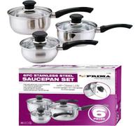 6Pc Stainless Steel Cookware Set Includes Saucepan, Pan, Pot Essential Cooking Kitchen Glass Lids Sturdy Handles Pots Pans Lid