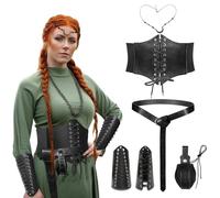 6PC Women Viking Costume Accessories Set, Renaissance Corset & Moon Head Chain & Medieval Arm Guards for Halloween (Black, M)