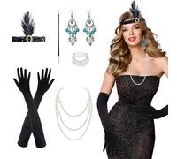 6Pcs 1920 Accessories Set, Fashion Flapper Costume Gatsby Accessories Fancy Dress for Women, with Headband Pearl Necklace Vintage Cigarette Holder Peacock Vintage Earrings Long Gloves Bracelet