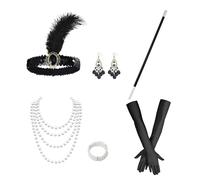6Pcs 1920s Accessories for Women Set, Vintage Flapper Accessories Style, Suitable for Theme Parties Halloween Carnival, 1920s Headpiece for Women, Black Gloves, Fashion Necklace Earrings