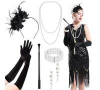 6PCS 1920s Flapper Accessories Set, Fashion Roaring 20's Costume Set with Pearl Earrings Feather Headband Bracelet Necklace Gloves Handheld Props for Women Ladies Cosplay Theme Party