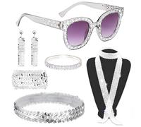 6Pcs 1970s Disco Accessories, 70s Disco Costume Set, Square Frame Bling Sunglasses Earrings Long Scarf Headband Bracelet Fancy Dress Kit for Vintage Theme Parties