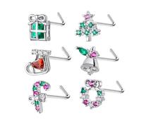 6Pcs 20G Christmas L-Shaped Nose Rings Studs for Women Men Stainless Steel Crystal Cubic Zirconia Xmas Tree Jingle Bell Gift Box Candy Cane Stocking Wreath Nostrial Piercing Body Jewelry Nose Screw