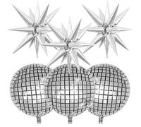 6Pcs 22Inch Silver Star Balloon and Disco Metallic 4D Round Ball Balloon, Star burst Balloons and Disco Ball Balloons for Birthday Wedding 70s 80s Disco theme Party Decorations, Disco Silver