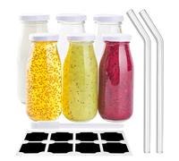 6Pcs 250ml Glass Milk Bottles With Lids, Reusable Juice Jars, Straws, Labels and Whiteboard Pen for Beverages, Weddings Decoration